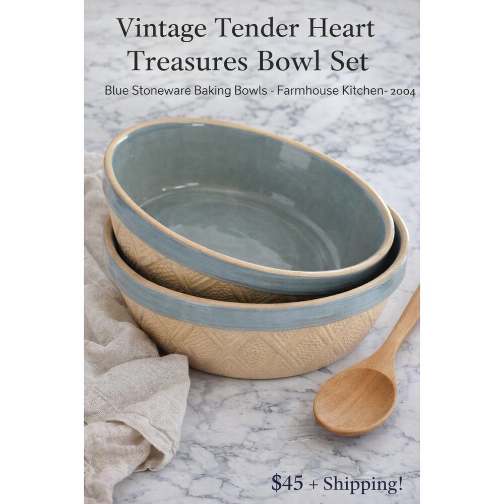 Vintage Tender Heart Treasures Bowl Set Blue Stoneware Baking Bowls Farmhouse 04
